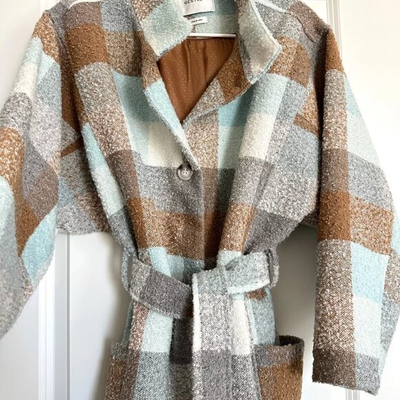 GESTUZ Anaya Wool Blend Check Tie Waist Coat in Ice Blue Multi Size S - Picture 1 of 12
